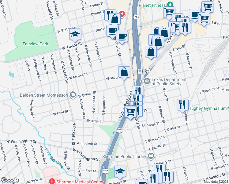 map of restaurants, bars, coffee shops, grocery stores, and more near 1316 Preston Drive in Sherman