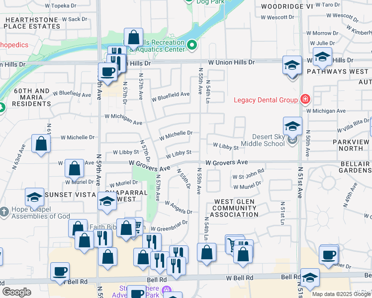 map of restaurants, bars, coffee shops, grocery stores, and more near 5526 West Libby Street in Glendale