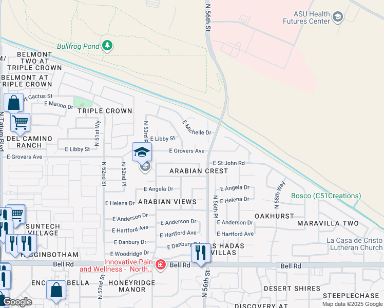 map of restaurants, bars, coffee shops, grocery stores, and more near 5519 East Grovers Avenue in Scottsdale