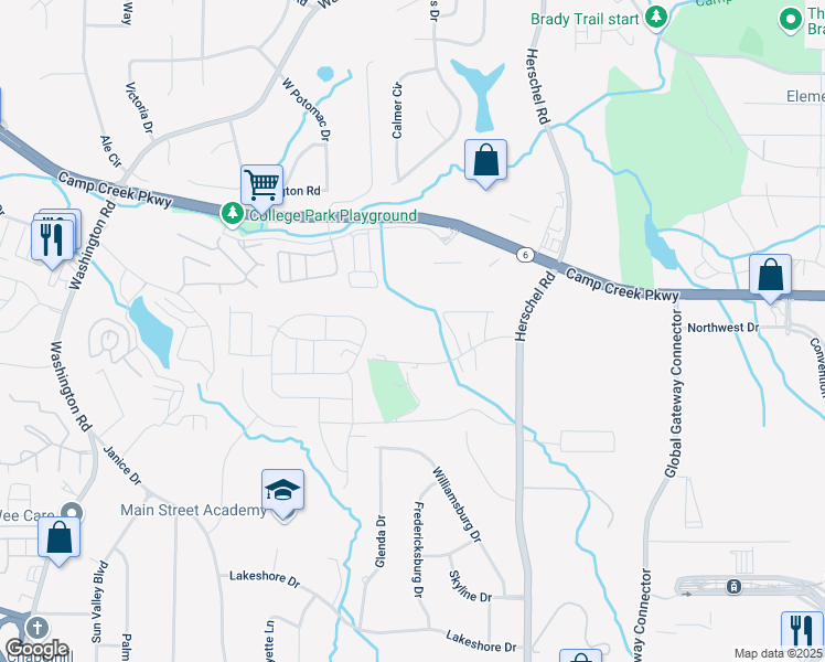 map of restaurants, bars, coffee shops, grocery stores, and more near 2683 Charlestown Drive in College Park