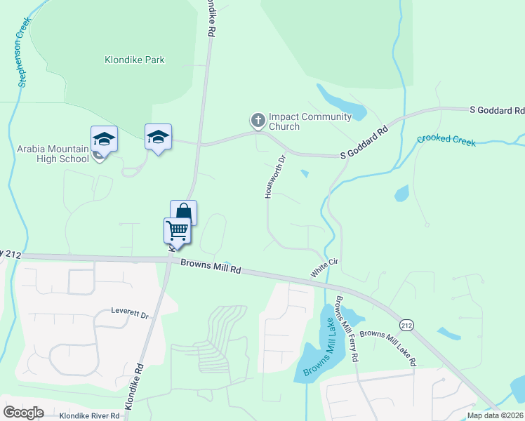 map of restaurants, bars, coffee shops, grocery stores, and more near 4409 Housworth Drive in Stonecrest