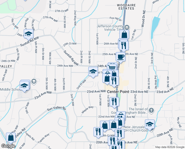 map of restaurants, bars, coffee shops, grocery stores, and more near 125 23rd Terrace NW in Center Point