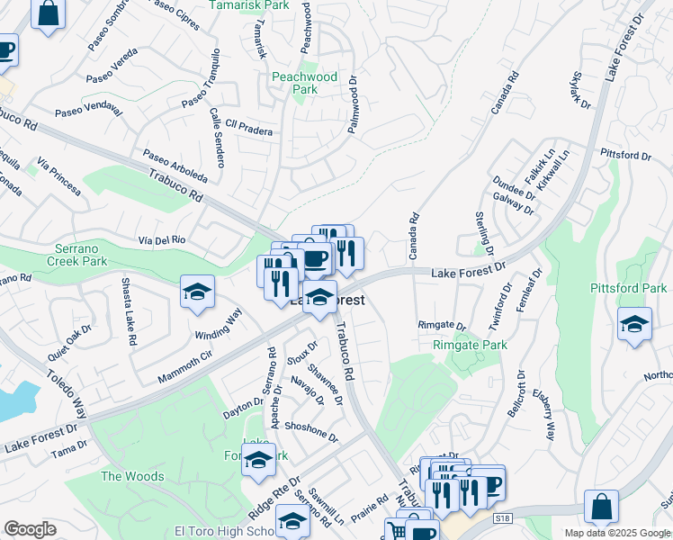 map of restaurants, bars, coffee shops, grocery stores, and more near 25435 Trabuco Road in Lake Forest