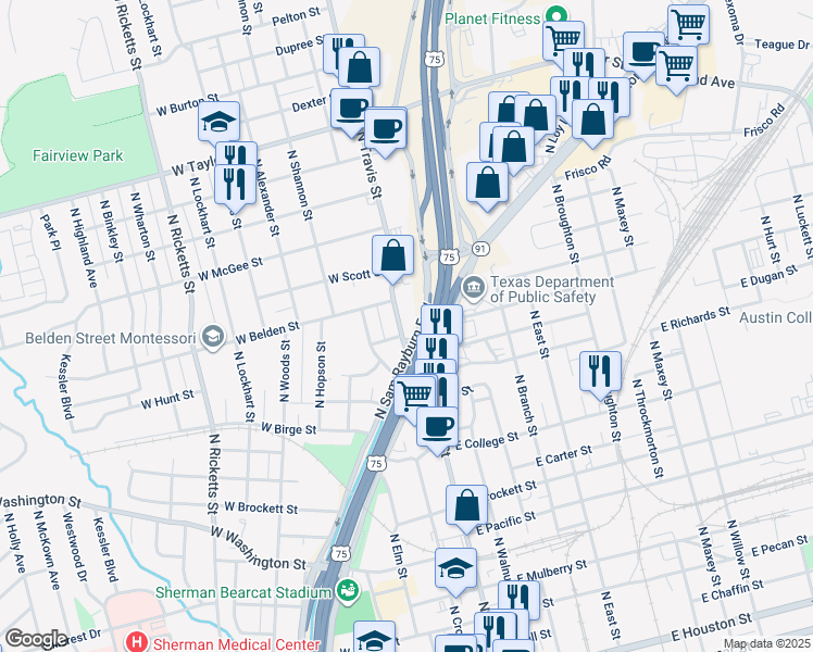 map of restaurants, bars, coffee shops, grocery stores, and more near 1304 North Travis Street in Sherman
