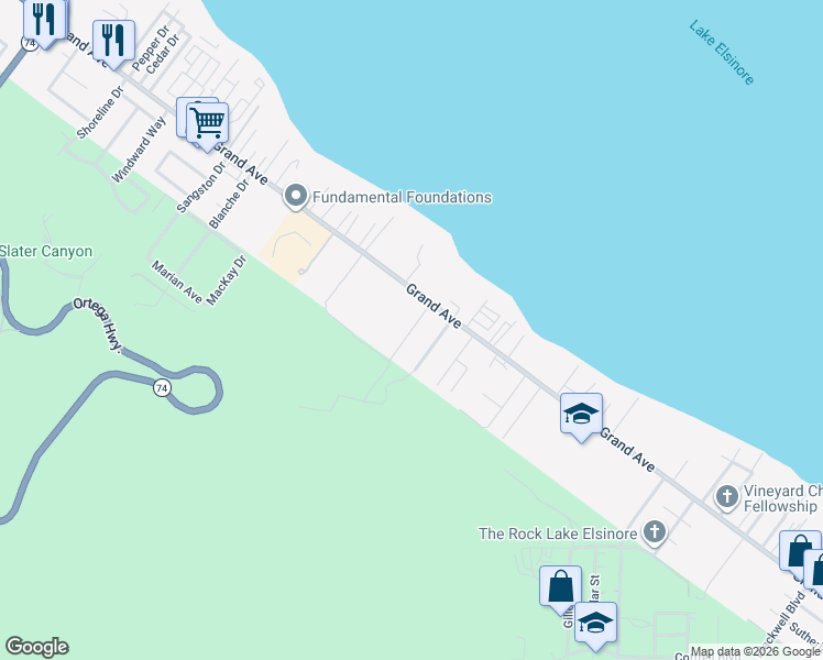 map of restaurants, bars, coffee shops, grocery stores, and more near 33070 Magnolia Street in Lake Elsinore