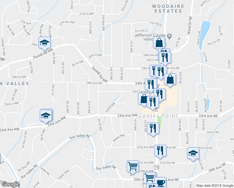 map of restaurants, bars, coffee shops, grocery stores, and more near 205 23rd Terrace Northwest in Center Point