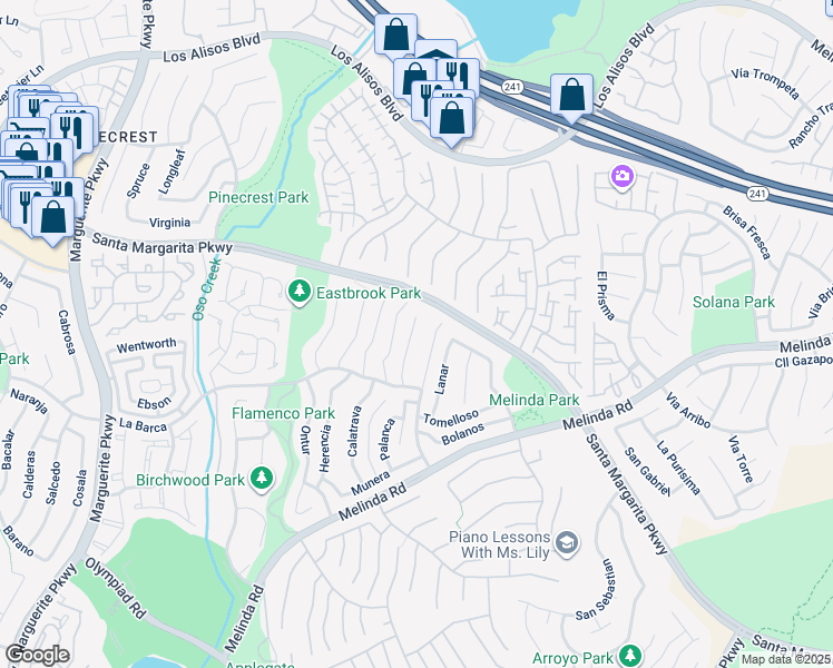 map of restaurants, bars, coffee shops, grocery stores, and more near 21652 Criptana in Mission Viejo