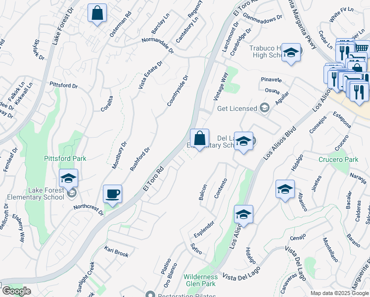 map of restaurants, bars, coffee shops, grocery stores, and more near 21661 Audubon Way in Lake Forest