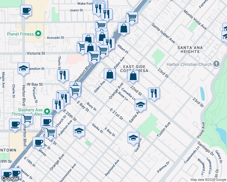 map of restaurants, bars, coffee shops, grocery stores, and more near 2151 Orange Avenue in Costa Mesa