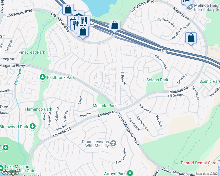 map of restaurants, bars, coffee shops, grocery stores, and more near 28911 Paseo Theresa in Mission Viejo