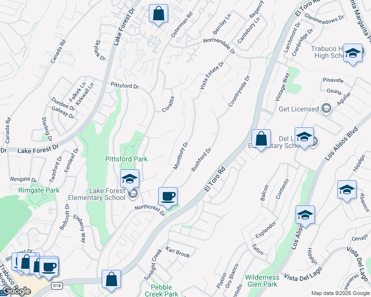 map of restaurants, bars, coffee shops, grocery stores, and more near 21672 Montbury Drive in Lake Forest