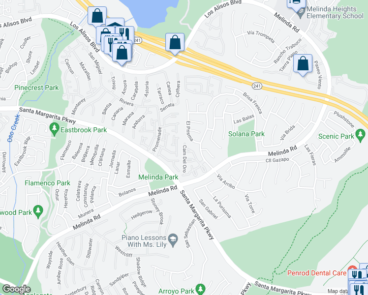 map of restaurants, bars, coffee shops, grocery stores, and more near Camino Del Oro in Rancho Santa Margarita