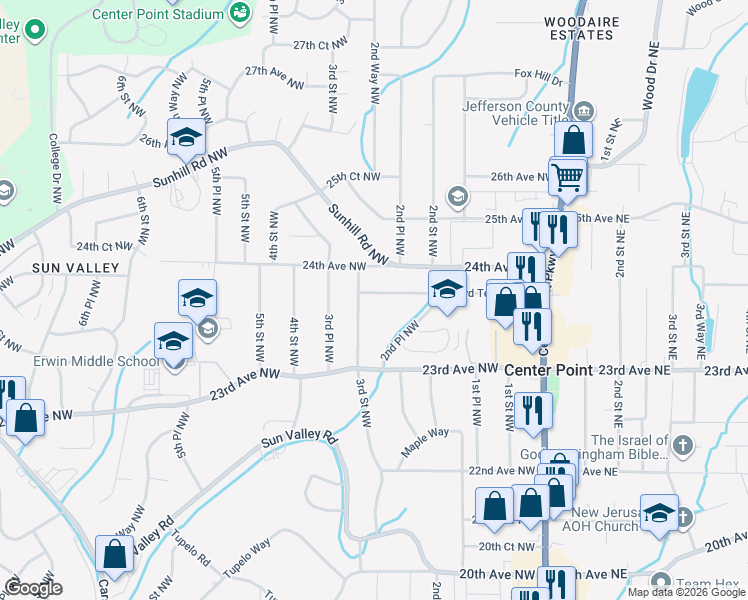 map of restaurants, bars, coffee shops, grocery stores, and more near 229 23rd Terrace Northwest in Center Point