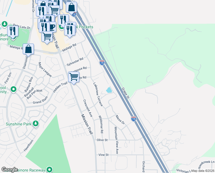 map of restaurants, bars, coffee shops, grocery stores, and more near 32555 Mesa Dr in Lake Elsinore