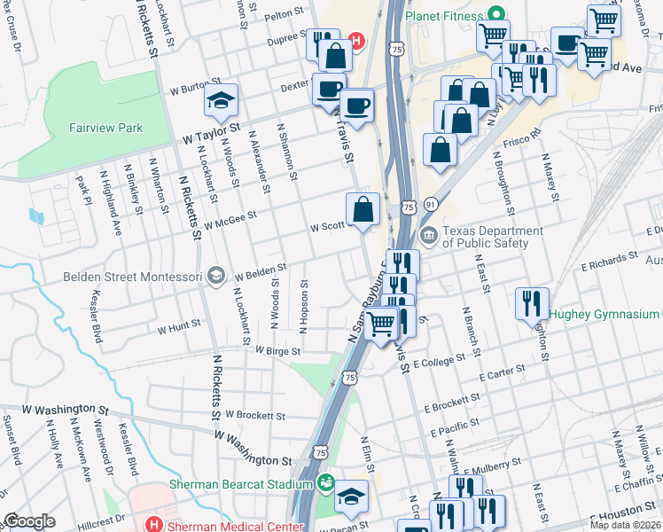 map of restaurants, bars, coffee shops, grocery stores, and more near 1316 Preston Drive in Sherman