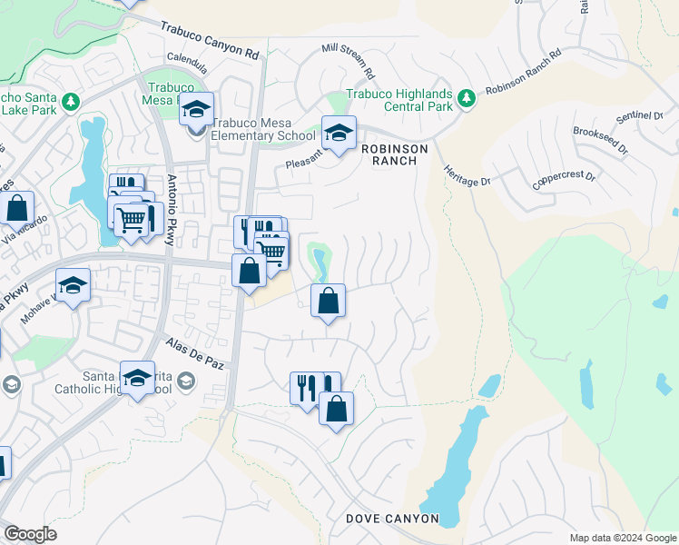 map of restaurants, bars, coffee shops, grocery stores, and more near 21641 Bluejay Street in Trabuco Canyon