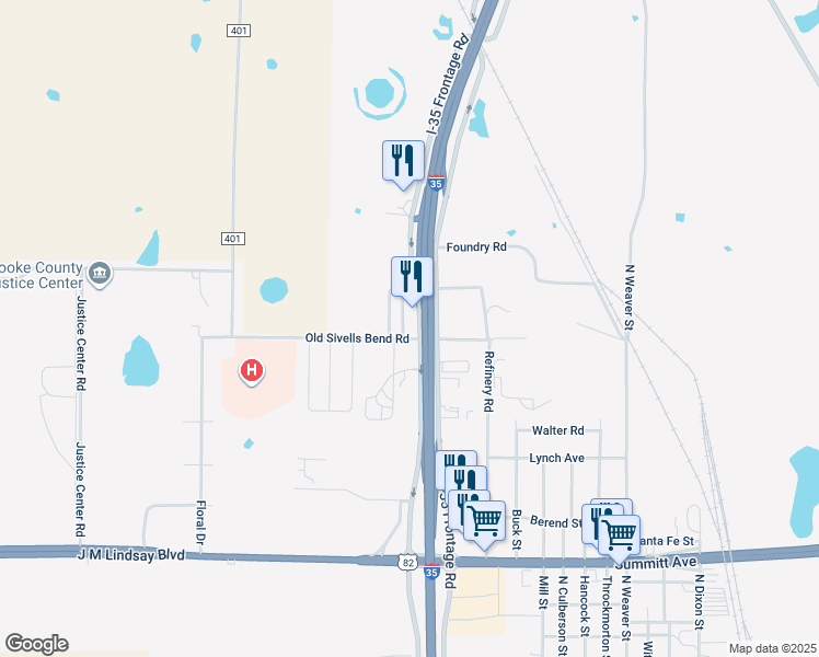 map of restaurants, bars, coffee shops, grocery stores, and more near 2005 Interstate 35 in Gainesville