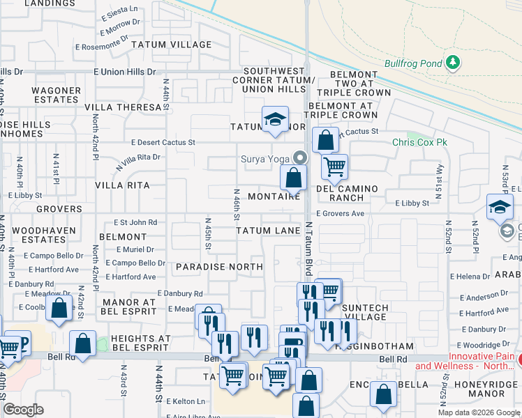 map of restaurants, bars, coffee shops, grocery stores, and more near 4642 East Grovers Avenue in Phoenix