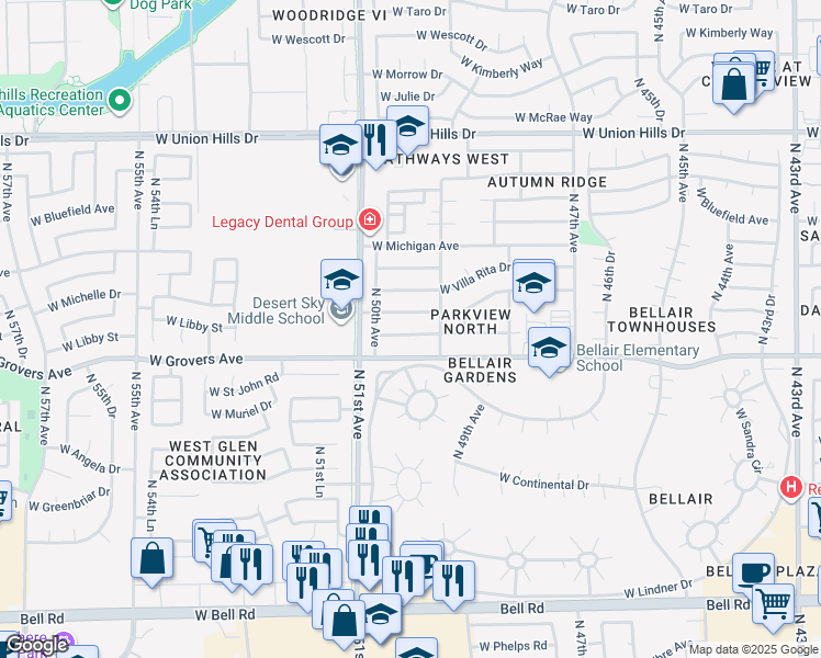 map of restaurants, bars, coffee shops, grocery stores, and more near 4950 West Libby Street in Glendale