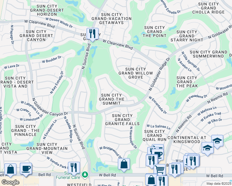 map of restaurants, bars, coffee shops, grocery stores, and more near 18050 North Timber Ridge Drive in Surprise