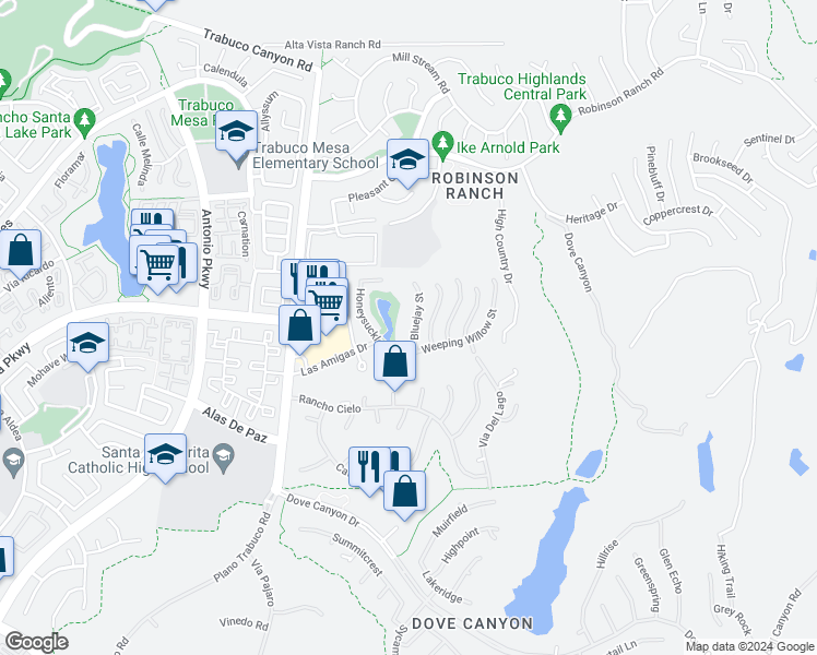 map of restaurants, bars, coffee shops, grocery stores, and more near 21641 Bluejay Street in Trabuco Canyon