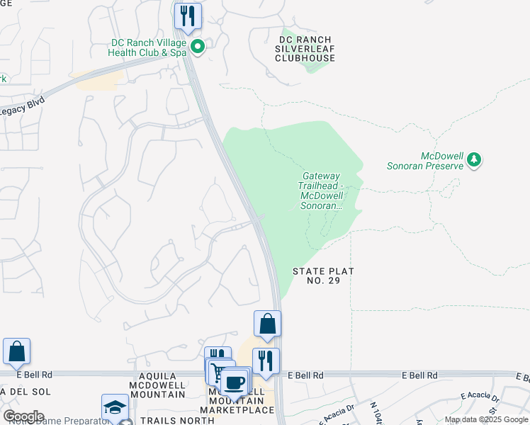 map of restaurants, bars, coffee shops, grocery stores, and more near 18333 North Thompson Peak Parkway in Scottsdale