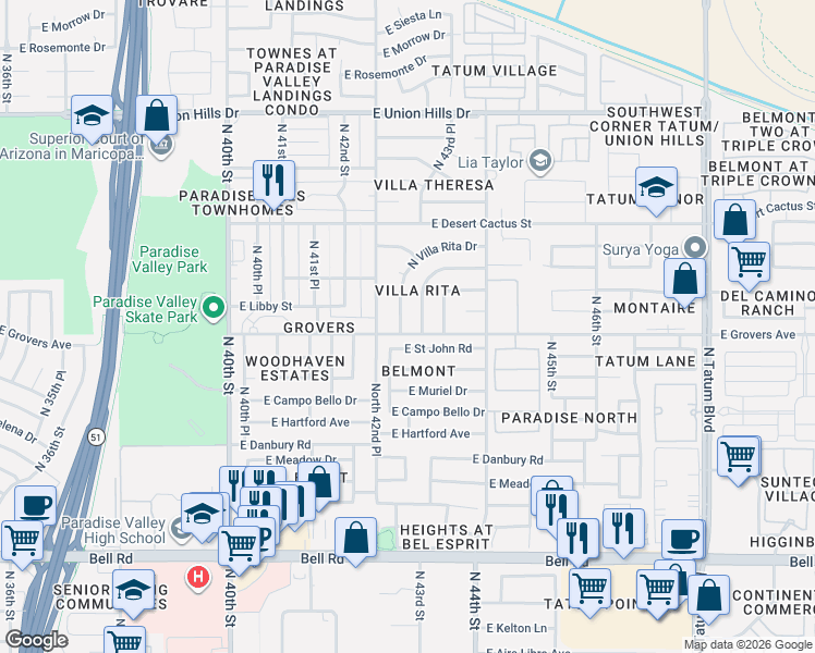 map of restaurants, bars, coffee shops, grocery stores, and more near 17801 North 43rd Place in Phoenix