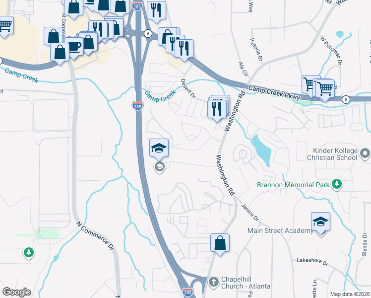 map of restaurants, bars, coffee shops, grocery stores, and more near 5643 Laurel Ridge Drive in East Point