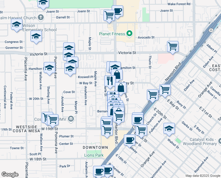 map of restaurants, bars, coffee shops, grocery stores, and more near 2023 Harbor Boulevard in Costa Mesa