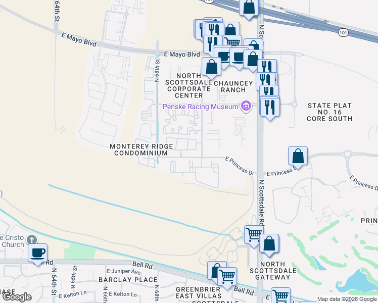 map of restaurants, bars, coffee shops, grocery stores, and more near 6900 East Princess Drive in Phoenix