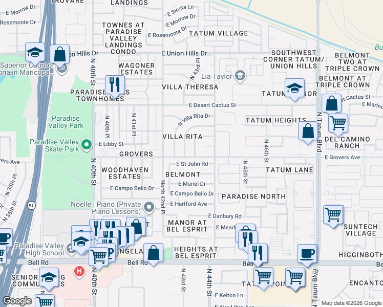 map of restaurants, bars, coffee shops, grocery stores, and more near 17801 North 43rd Place in Phoenix