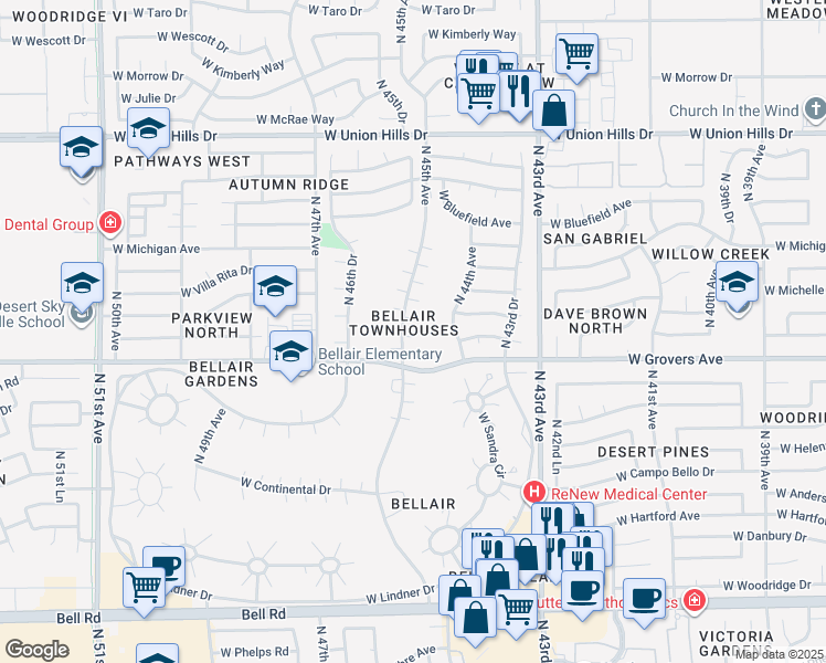 map of restaurants, bars, coffee shops, grocery stores, and more near 17831 North 45th Avenue in Glendale