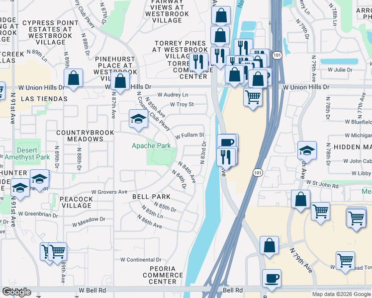 map of restaurants, bars, coffee shops, grocery stores, and more near 18062 North 83rd Lane in Peoria