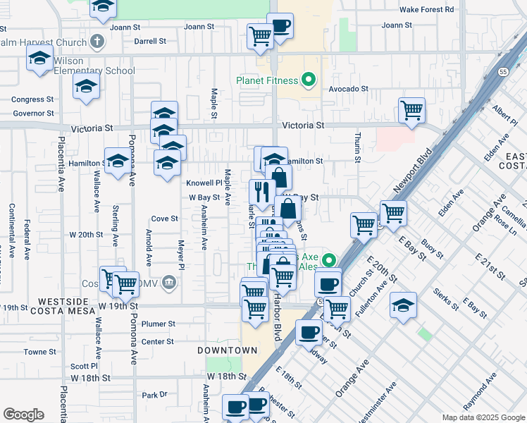 map of restaurants, bars, coffee shops, grocery stores, and more near 2023 Harbor Boulevard in Costa Mesa