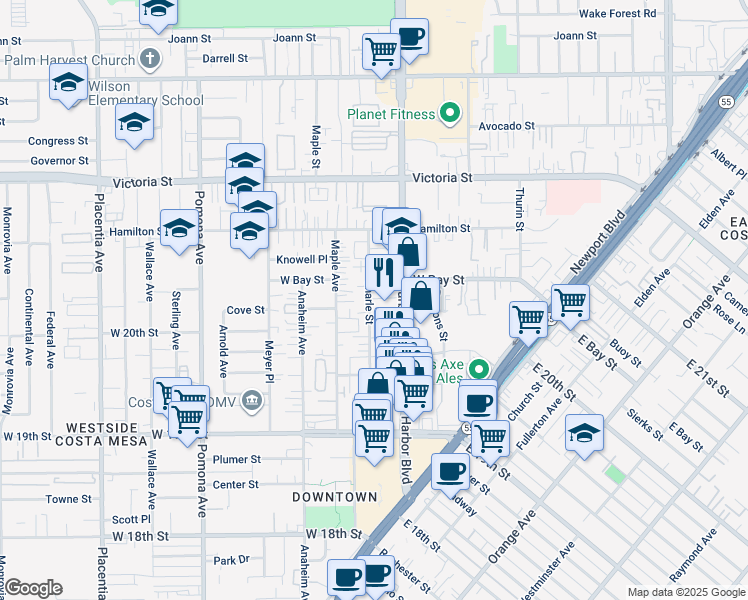 map of restaurants, bars, coffee shops, grocery stores, and more near 2915 Charle Street in Costa Mesa