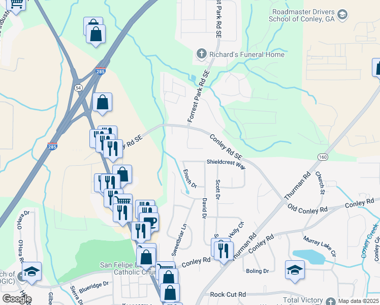 map of restaurants, bars, coffee shops, grocery stores, and more near 3901 Bonnie Lane Southeast in Atlanta