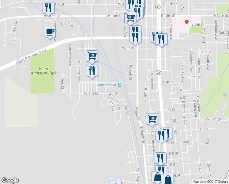 map of restaurants, bars, coffee shops, grocery stores, and more near 300 Spruce Avenue in Anniston