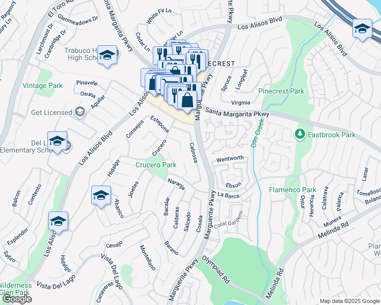 map of restaurants, bars, coffee shops, grocery stores, and more near 21681 Cabrosa in Mission Viejo