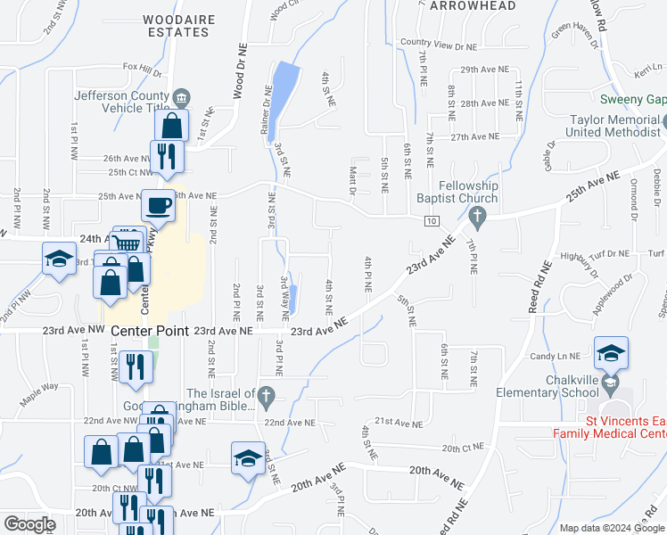 map of restaurants, bars, coffee shops, grocery stores, and more near 2333 4th Street Northeast in Center Point