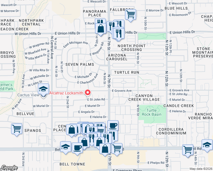 map of restaurants, bars, coffee shops, grocery stores, and more near 531 East Libby Street in Phoenix