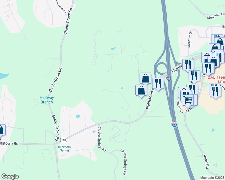 map of restaurants, bars, coffee shops, grocery stores, and more near 332 Creekside Lane in Gardendale