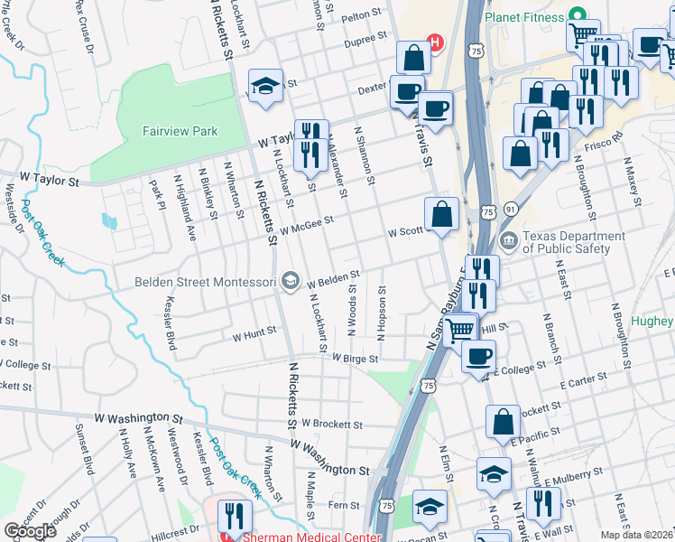 map of restaurants, bars, coffee shops, grocery stores, and more near 408 West Belden Street in Sherman