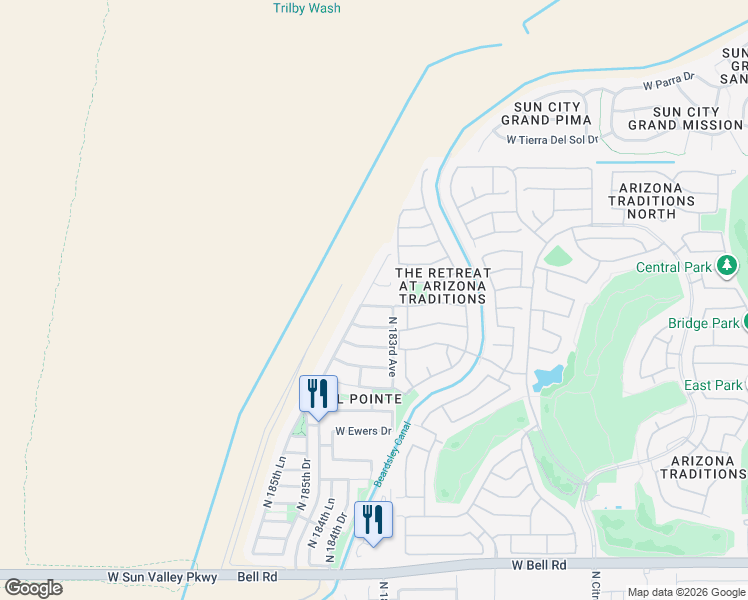 map of restaurants, bars, coffee shops, grocery stores, and more near 18339 West Weatherby Drive in Surprise