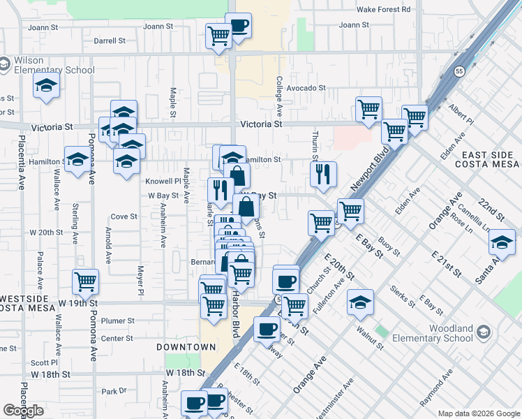 map of restaurants, bars, coffee shops, grocery stores, and more near 431 West Bay Street in Costa Mesa