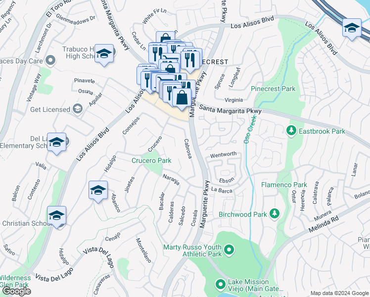 map of restaurants, bars, coffee shops, grocery stores, and more near 21681 Cabrosa in Mission Viejo