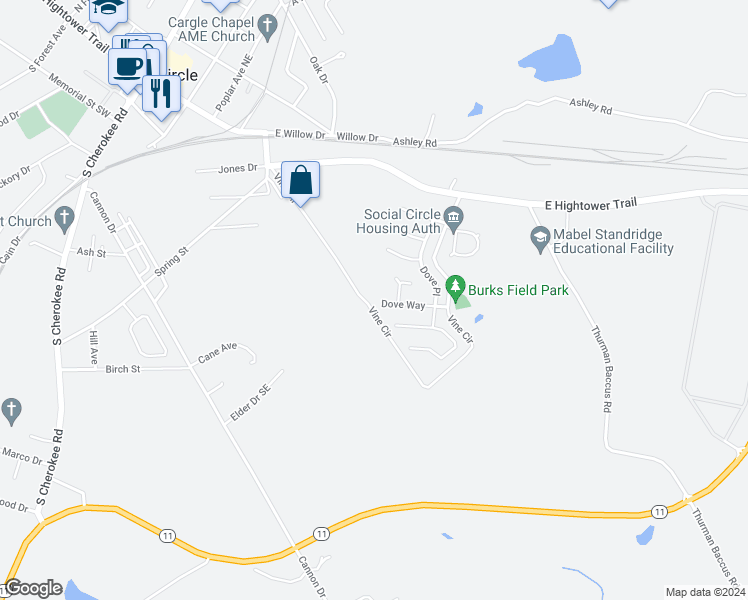 map of restaurants, bars, coffee shops, grocery stores, and more near 541 Dove Way in Social Circle