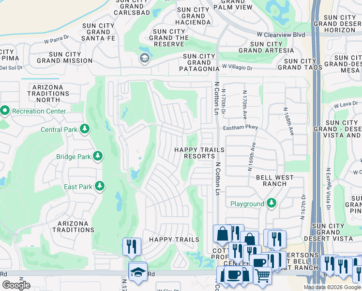 map of restaurants, bars, coffee shops, grocery stores, and more near 17901-18099 North Nellie Belle in Surprise