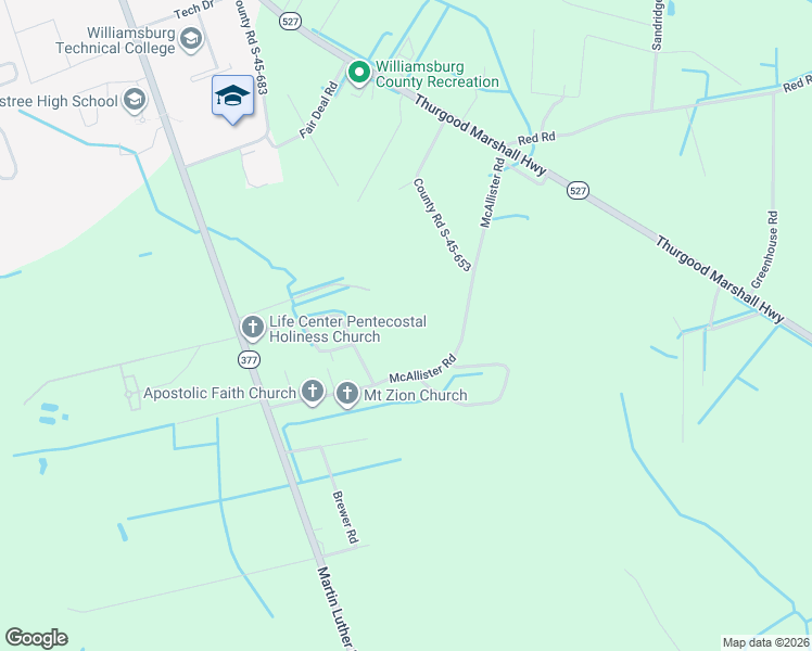 map of restaurants, bars, coffee shops, grocery stores, and more near 44 Segres Road in Kingstree