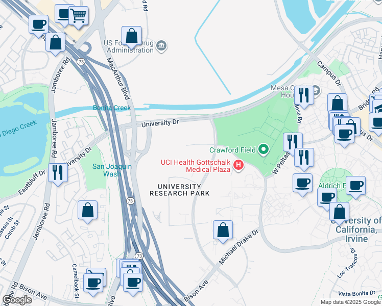 map of restaurants, bars, coffee shops, grocery stores, and more near 111 Academy Way in Irvine