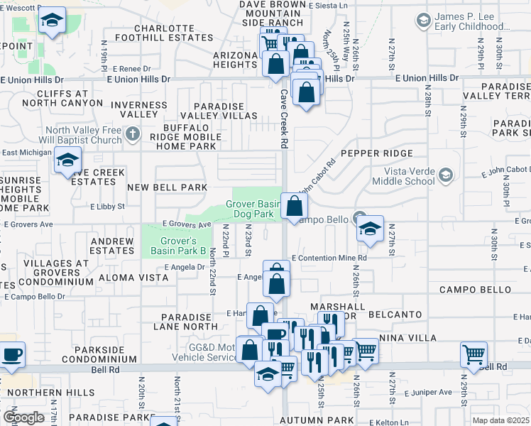 map of restaurants, bars, coffee shops, grocery stores, and more near 2302 East Grovers Avenue in Phoenix